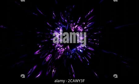 Schwarzer Hintergrund Neon Lilac Splatter Tunnel 4k uhd 3d-Illustration Hintergrund Stockfoto