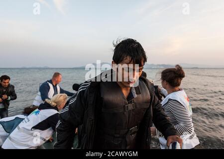 Flüchtlinge kommen an den Ufern der Insel Kos, Kos in Griechenland Stockfoto