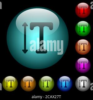 Passen Sie die Symbole für die Schrifthöhe in farbigen, kugelförmigen Glastasten auf schwarzem Hintergrund an. Kann für schwarze oder dunkle Vorlagen verwendet werden Stock Vektor