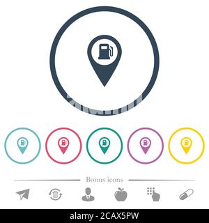 Tankstelle GPS-Karte Position flache Farbsymbole in runden Umrissen. 6 Bonus-Symbole enthalten. Stock Vektor
