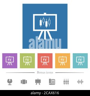 Präsentationstabelle mit Kerzenständer Diagramm flache weiße Symbole in quadratischen Hintergründen. 6 Bonus-Symbole enthalten. Stock Vektor