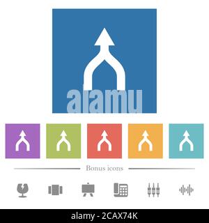 Pfeile nach oben flache weiße Symbole in quadratischen Hintergründen zusammenführen. 6 Bonus-Symbole enthalten. Stock Vektor