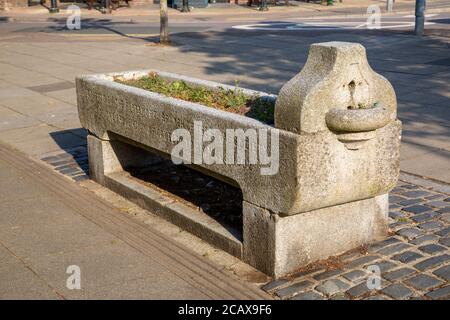 Eine steinerne Wasserrinne auf der in der errichteten Straße Anfang 1900 zum Nutzen der Pferde durch die RSPCA Jetzt als Blumenbeete verwendet Stockfoto