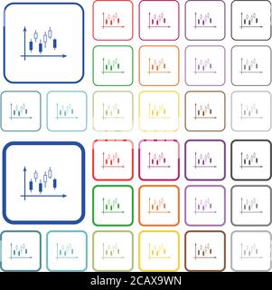 Candlestick Graph mit Achsen Farbe flache Symbole in abgerundeten quadratischen Rahmen. Dünne und dicke Versionen im Lieferumfang enthalten. Stock Vektor