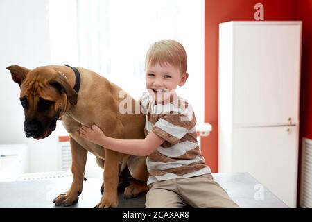 Portrait von freundlichen Hund mit Kind Junge, niedlichen Jungen sitzen mit großen Haustier auf dem Tisch, warten auf medizinische Untersuchung in Tierarztklinik Stockfoto