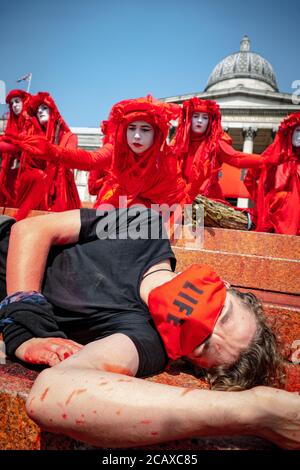 09/08/20 London, Vereinigtes Königreich. XR-Aktivisten haben die Treppen des Trafalgar Square abgedeckt. Mit gefälschtem Blut zum Internationalen Tag der indigenen Völker der Welt Stockfoto