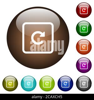 Drehen Sie die weißen Symbole des Objekts nach rechts auf den runden farbigen Glasschaltflächen Stock Vektor