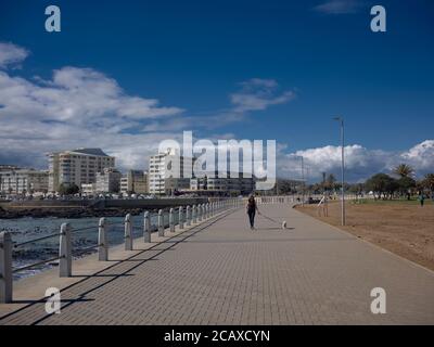 Frau, die an einem sonnigen Tag mit ihrem Hund an der Sea Point Promenade in Kapstadt spazierengeht. Stockfoto