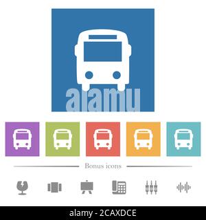 Bus flache weiße Symbole in quadratischen Hintergründen. 6 Bonus-Symbole enthalten. Stock Vektor