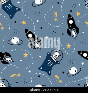 Hand gezeichnet nahtloses Muster des Raumes mit Stern, Komet, Rakete, Planet, Hund Astronaut Element. Niedliches Muster im Doodle-Stil. Vektor-Illustration für Kinder Stoff, Kinder Tapete, Textur. Stock Vektor