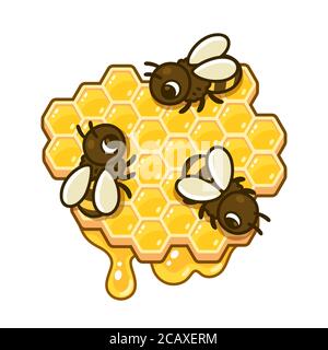 Nette Cartoon Bienen auf Wabenstück mit tropfendem Honig. Bienenzucht Vektor Clip Art Illustration. Stock Vektor