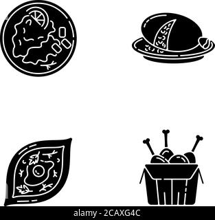 Schwarze Glyphsymbole für Fast Food auf weißem Raum. Schottische Haggis. Wiener Schnitzel. Tandoori-Huhn. Gebratenes Junk Food. Traditionelles Essen für Touristen. Si Stock Vektor