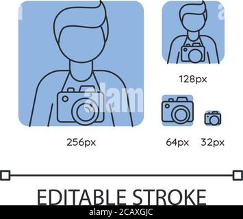 Freiberuflicher Fotograf, Operator blaue lineare Symbole gesetzt. Fotojournalist, Paparazzi. Dünne Linien anpassbare Vektorgrafiken mit 256, 128, 64 und 32 px Stock Vektor