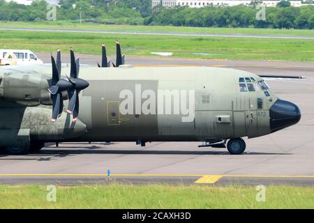 Royal Air Force Lockheed Martin Hercules C-130 in Porto Alegre, Brasilien auf dem Weg zur Insel Falkland, einem britischen Überseegebiet. UK RAF C130. Stockfoto