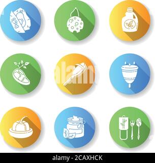 Zero Waste Produkte flaches Design lange Schatten Glyphe Symbole gesetzt. Nachhaltiger und umweltverträglicher Lebensstil. Öko-Lebensmittel, Kosmetik und Hygieneprodukte Stock Vektor