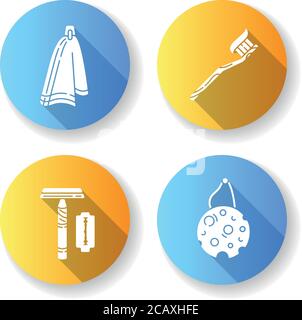 Umweltfreundliche Hygieneprodukte flaches Design lange Schatten Glyphen Symbole Set. Stoffserviette, Bambuszahnbürste, wiederverwendbarer Rasierer und Öko-Schwamm. Nachhaltigkeit. Stock Vektor