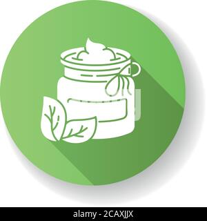 DIY Kosmetik grün flaches Design lange Schatten Glyphe Symbol. Umweltfreundliche und hausgemachte Beauty-Produkte. Glas mit Bio feuchtigkeitsspendende Creme, natürliche Kräuter Stock Vektor