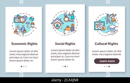 Menschenrechtsgruppen Onboarding mobile App Seite Bildschirm mit Konzepten. Wirtschaftliche, soziale und kulturelle Rechte. 3-stuf  LW AT  -grafische Anleitungen für die Komplettlösung. U Stock Vektor