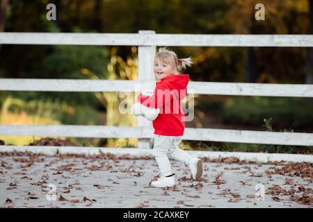 Kleine süße Mädchen in roten sportlichen Kleidern im Herbst Park, spielen mit einem Teddybär an sonnigen Tag. Stockfoto