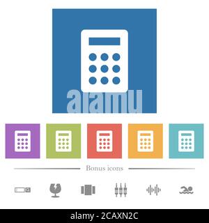 Rechner flache weiße Symbole in quadratischen Hintergründen. 6 Bonus-Symbole enthalten. Stock Vektor