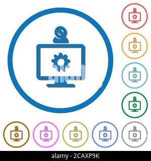 Webcam-Einstellungen flache Farbvektorsymbole mit Schatten in runden Umrissen auf weißem Hintergrund Stock Vektor