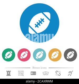 Rugby Ball flache weiße Symbole auf runden farbigen Hintergründen. 6 Bonus-Symbole enthalten. Stock Vektor