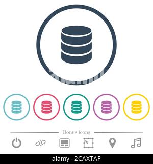 Flache Farbsymbole einer Datenbank in runden Umrissen. 6 Bonus-Symbole enthalten. Stock Vektor