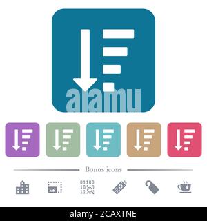 Absteigende Reihenfolge im Listenmodus weiße flache Symbole auf abgerundeten quadratischen Hintergründen. 6 Bonus-Symbole enthalten Stock Vektor