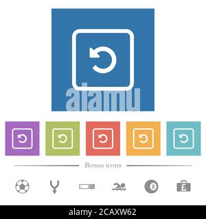 Drehen Sie das Objekt nach links flache weiße Symbole in quadratischen Hintergründen. 6 Bonus-Symbole enthalten. Stock Vektor