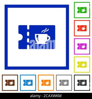 Kaffeehaus Rabatt Coupon flache Farbe Symbole in quadratischen Rahmen auf weißem Hintergrund Stock Vektor