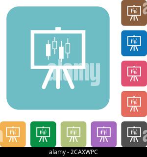Präsentationstisch mit Kerzenständer Chart weiße flache Symbole auf Farbe gerundeten quadratischen Hintergründen Stock Vektor