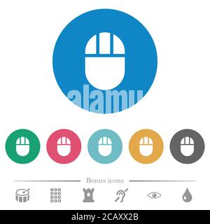 Drei knöpfbare Computer Maus flache weiße Symbole auf runden farbigen Hintergründen. 6 Bonus-Symbole enthalten. Stock Vektor