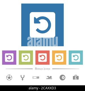 Drehen Sie flache weiße Symbole in quadratischen Hintergründen nach links. 6 Bonus-Symbole enthalten. Stock Vektor