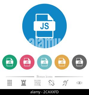 JS-Dateiformat flache weiße Symbole auf runden farbigen Hintergründen. 6 Bonus-Symbole enthalten. Stock Vektor