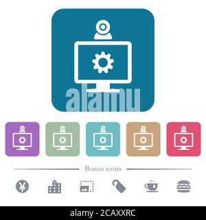 Webcam-Einstellungen weiße flache Symbole auf farbigen abgerundeten quadratischen Hintergründen. 6 Bonus-Symbole enthalten Stock Vektor