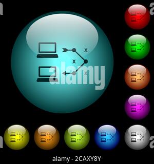 Traceroute Remote-Computer-Symbole in Farbe beleuchtet sphärischen Glas Tasten auf schwarzem Hintergrund. Kann für schwarze oder dunkle Vorlagen verwendet werden Stock Vektor