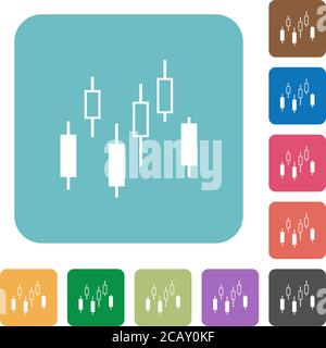 Candlestick Diagramm weiße flache Symbole auf Farbe abgerundeten quadratischen Hintergründen Stock Vektor