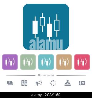Candlestick Diagramm weiße flache Symbole auf Farbe abgerundeten quadratischen Hintergründen. 6 Bonus-Symbole enthalten Stock Vektor