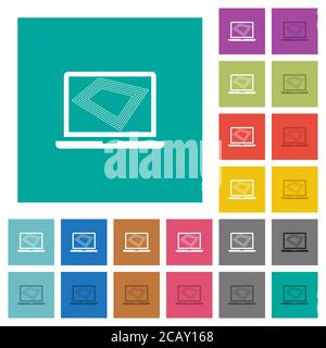 Bildschirmschoner auf Laptop mehrfarbige flache Symbole auf einfachen quadratischen Hintergründen. Weiße und dunklere Symbolvarianten für schwebe- oder aktive Effekte. Stock Vektor