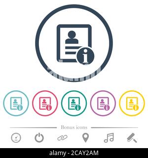 Kontaktinformationen flache Farbsymbole in runden Umrissen. 6 Bonus-Symbole enthalten. Stock Vektor