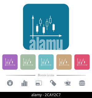Candlestick Diagramm mit Achsen weißen flachen Symbolen auf Farbe abgerundeten quadratischen Hintergründen. 6 Bonus-Symbole enthalten Stock Vektor