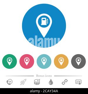 Tankstelle GPS-Karte Position flache weiße Symbole auf runden farbigen Hintergründen. 6 Bonus-Symbole enthalten. Stock Vektor