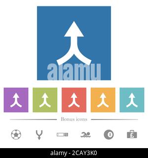 Pfeile nach oben flache weiße Symbole in quadratischen Hintergründen zusammenführen. 6 Bonus-Symbole enthalten. Stock Vektor