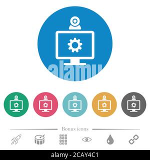 Webcam-Einstellungen flache weiße Symbole auf runden farbigen Hintergründen. 6 Bonus-Symbole enthalten. Stock Vektor