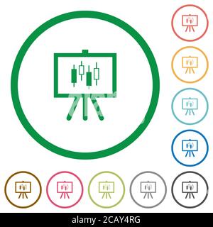 Präsentationstabelle mit Leuchter Diagramm flache Farbe Symbole in runden Umrissen auf weißem Hintergrund Stock Vektor