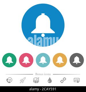 Einfache Glocke flache weiße Symbole auf runden farbigen Hintergründen. 6 Bonus-Symbole enthalten. Stock Vektor