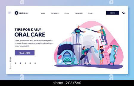 Zähne und Mund Home Care Konzept. Zahnhygiene und Prävention von Karies und Parodontitis. Vektor flache Cartoon-Figuren Illustration. Glücklich Stock Vektor