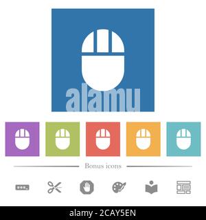 Drei knöpfbare Computer-Maus flache weiße Symbole in quadratischen Hintergründen. 6 Bonus-Symbole enthalten. Stock Vektor