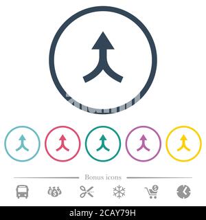 Pfeile nach oben zusammenführen flache Farbsymbole in runden Umrissen. 6 Bonus-Symbole enthalten. Stock Vektor