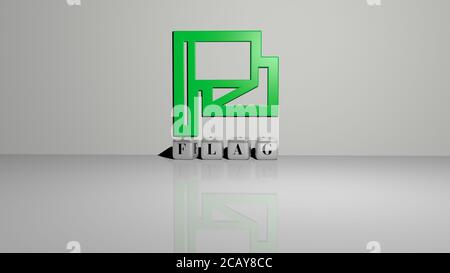 Fahnentext von Würfelbuchstaben auf dem Boden und 3D-Symbol an der Wand. 3D-Illustration. Hintergrund und Land Stockfoto